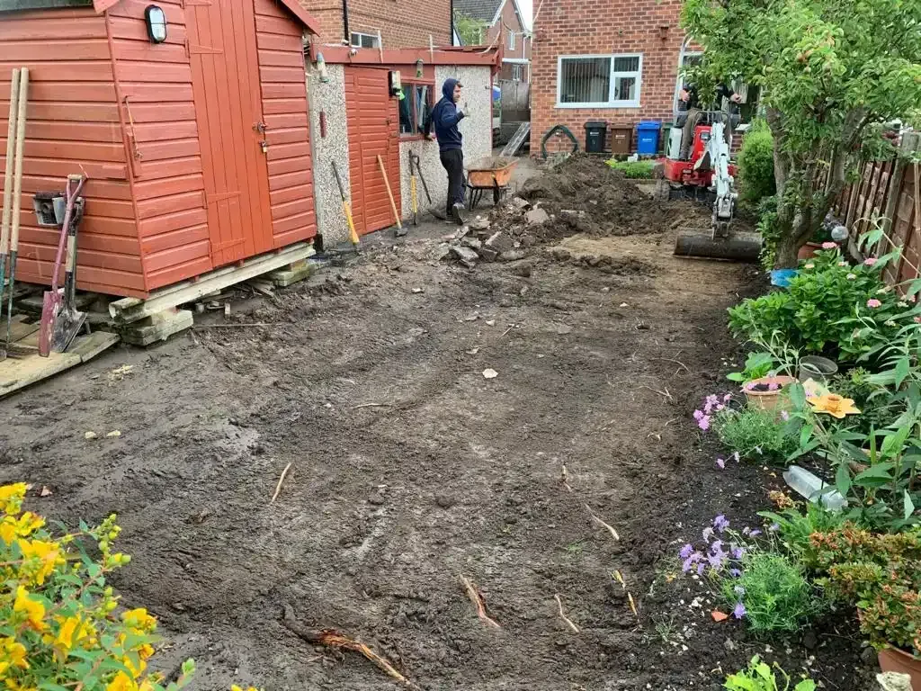 Insight PS team carrying out excavation and site preparation for a new garden project in Stretford, Trafford.